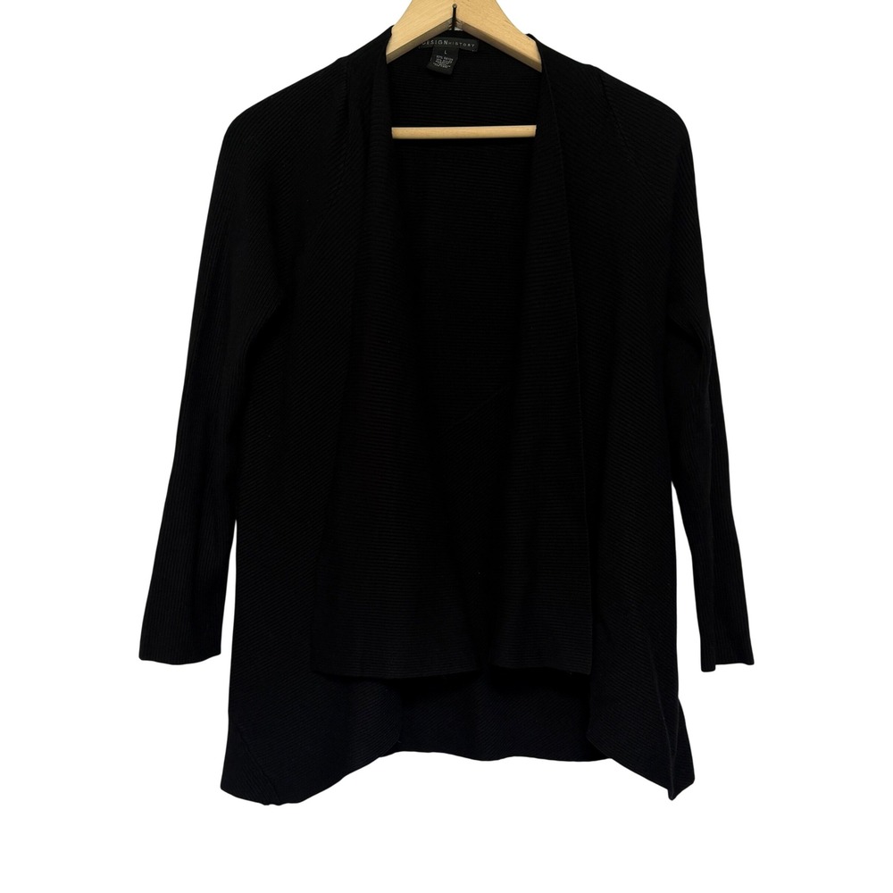 Design History Cardigan Sweater Womens L Black Open Front 3/4 Sleeve Casual